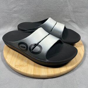 Oofos Ooahh Sport Slides Mens Size 12 Recovery Comfort Sandals Black Silver